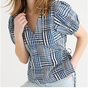J.Crew patchwork denim wrapped top with puffy sleeves